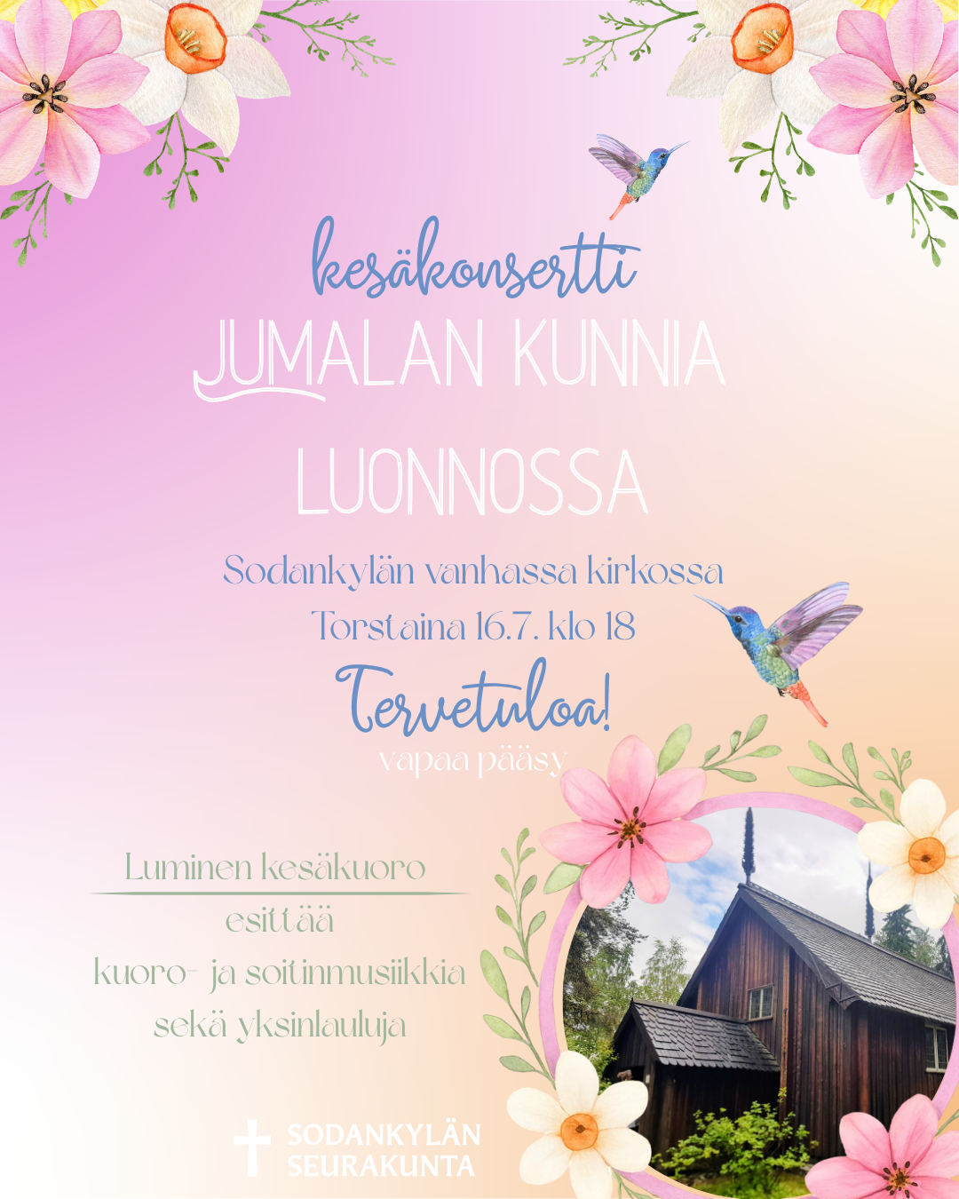 konserttimainos, jossa kukkia ja lintuja ja kuva vanhasta kirkosta
