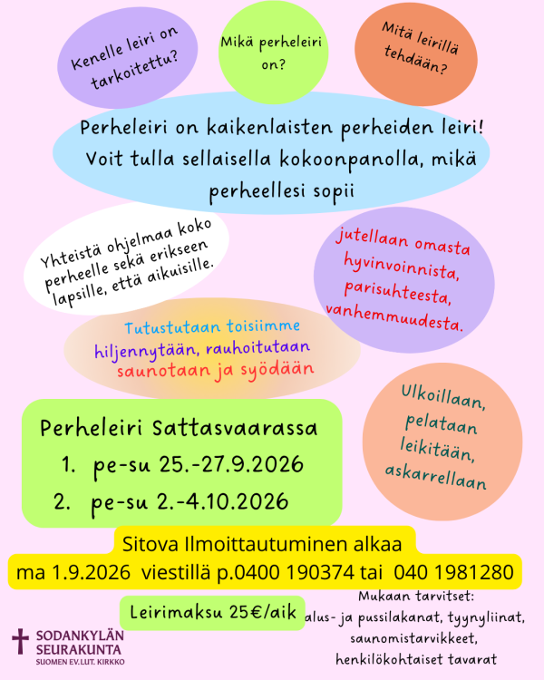 Perheleirin mainos. Kuvioissa tietoa leiristä.