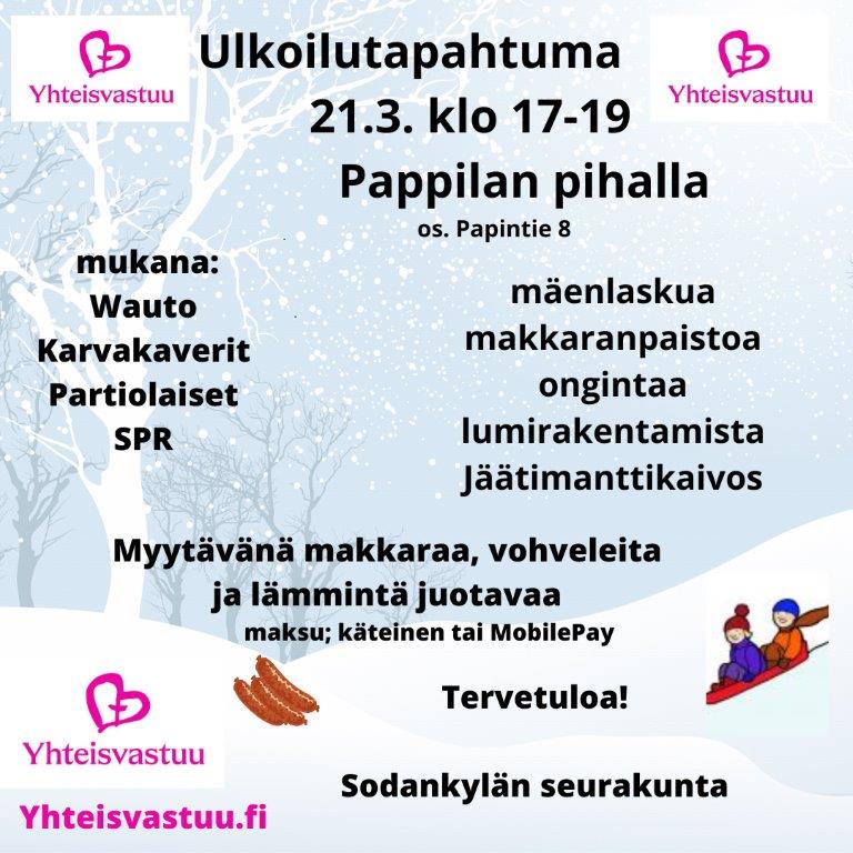 Maino ulkoilutapahtumasta, jossa on yhteisvastuulogo, lapset laskevat mäkeä, makkaraa